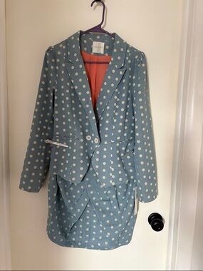 RARE Anthropologie Line & Dot Two Piece Set M Light Blue Polka Dot Blazer Skirt